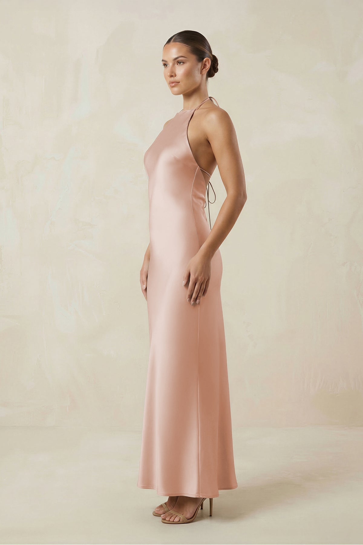 Halter Satin Sheath Midi Bridesmaid Dress in Pale Blush - SHE IS ME Bridesmaid Dresses