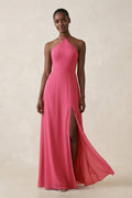 Halter Sheath Chiffon Bridesmaid Dress with Slit in Fuchsia - SHE IS ME Bridesmaid Dresses