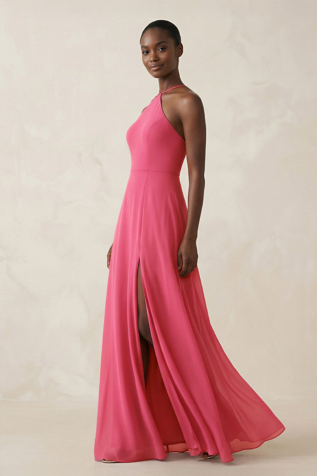 Halter Sheath Chiffon Bridesmaid Dress with Slit in Fuchsia - SHE IS ME Bridesmaid Dresses