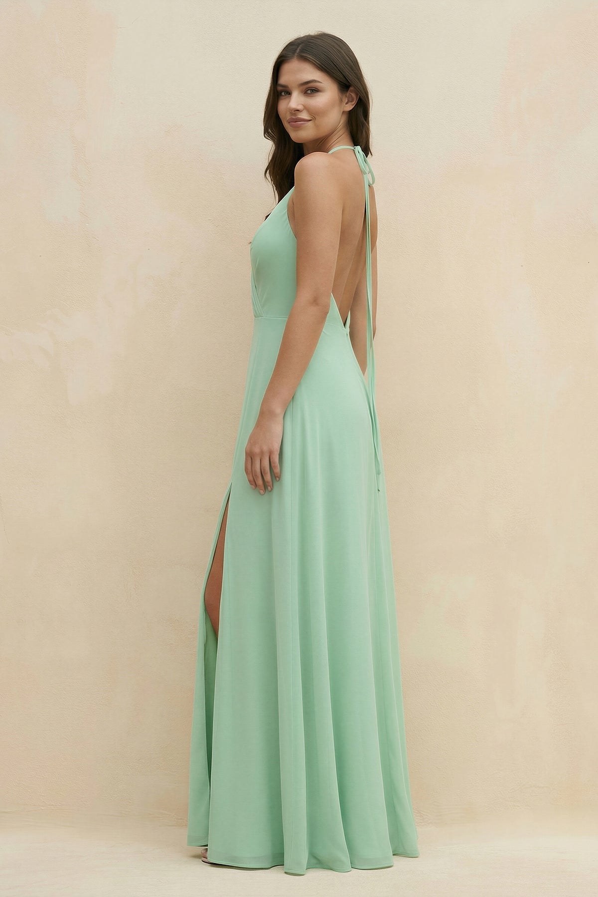 Halter Sheath Long Chiffon Bridesmaid Dress in Pale Pistachio - SHE IS ME BRIDESMAID DRESSES