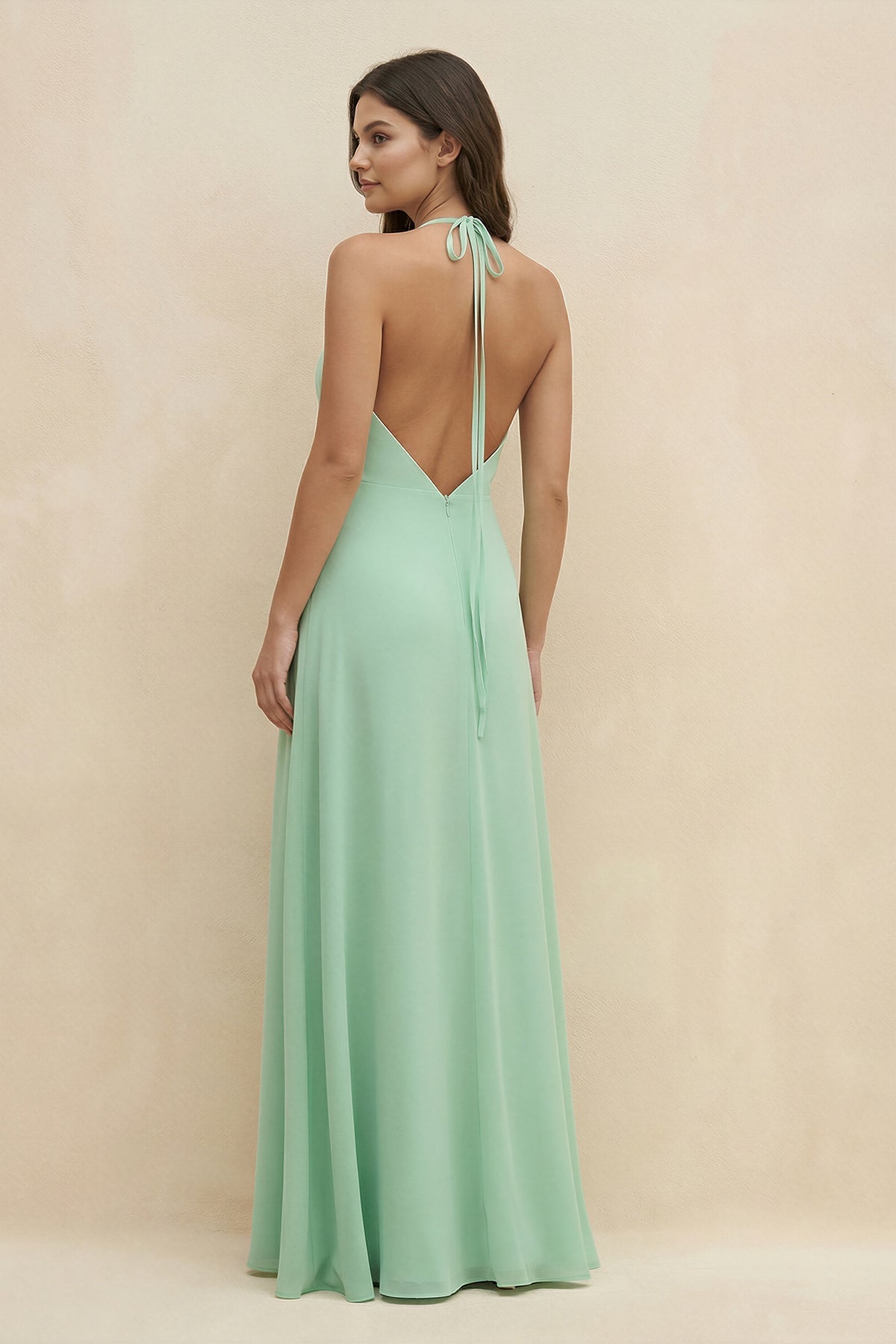 Halter Sheath Long Chiffon Bridesmaid Dress in Pale Pistachio - SHE IS ME BRIDESMAID DRESSES