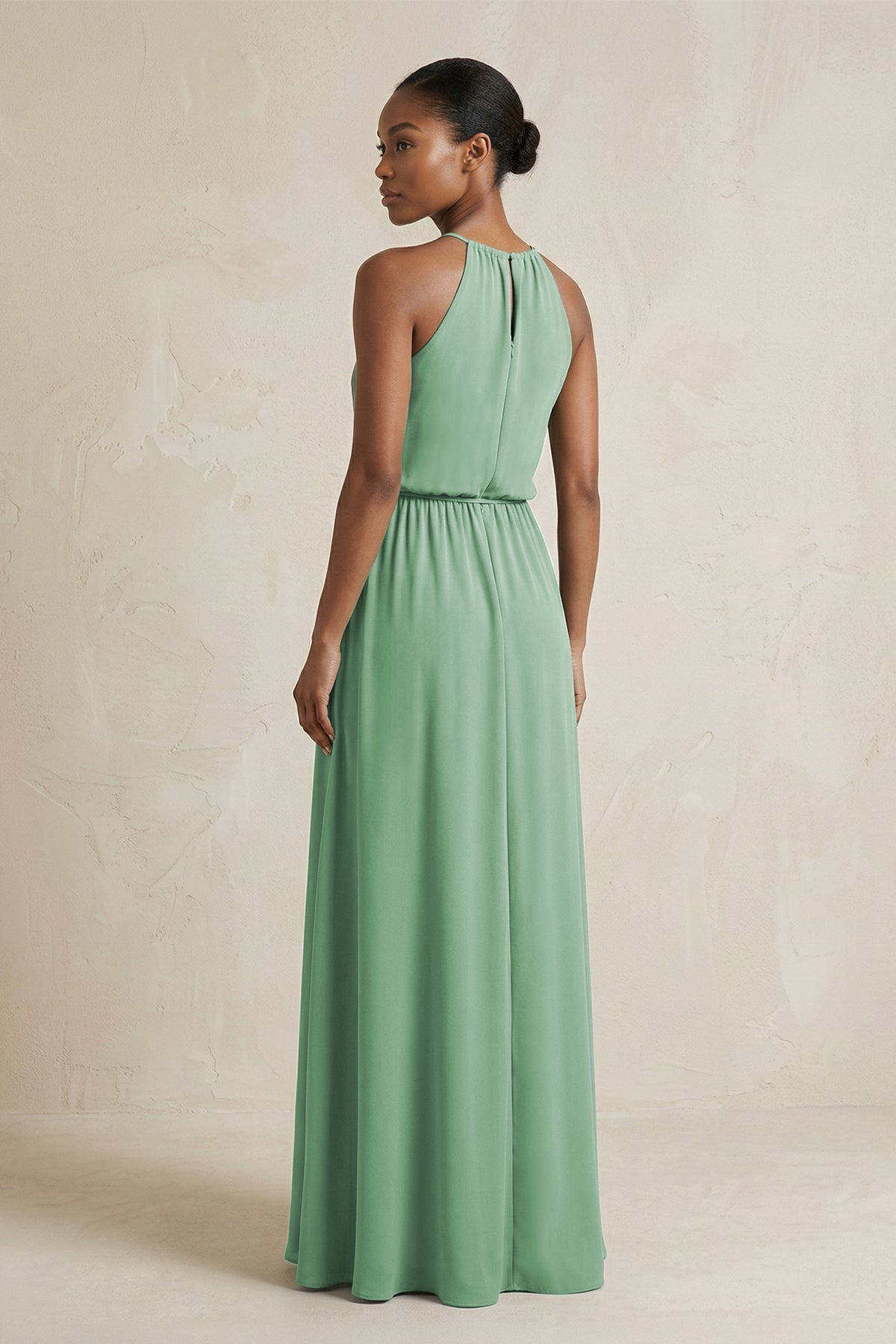 Halter Sheath Ruched Chiffon Bridesmaid Dress in Sea Glass - SHE IS ME Bridesmaid Dresses