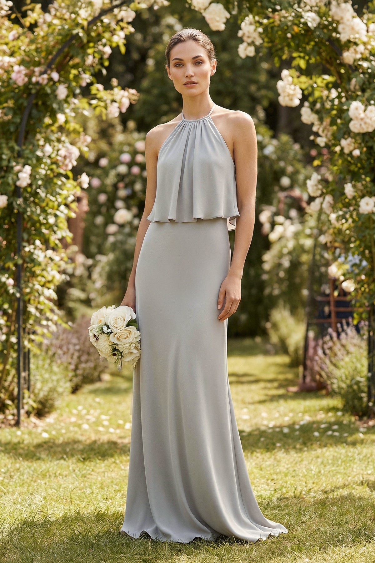 Halter Sheath Ruffled Chiffon Bridesmaid Dress - SHE IS ME Bridesmaid Dresses