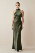 Halter Sheath Satin Bridesmaid Dress in Willow Green - SHE IS ME Bridesmaid Dresses
