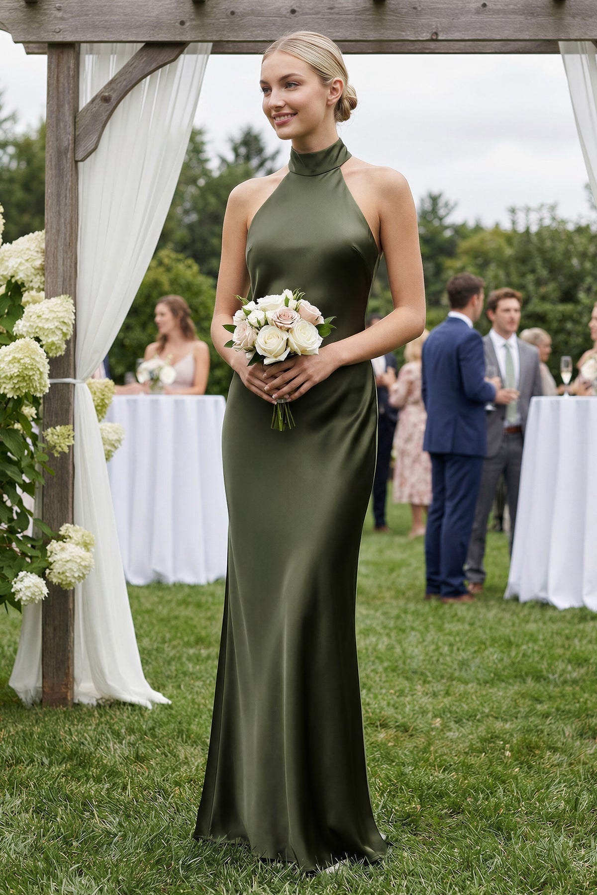 Halter Sheath Satin Bridesmaid Dress in Willow Green - SHE IS ME Bridesmaid Dresses