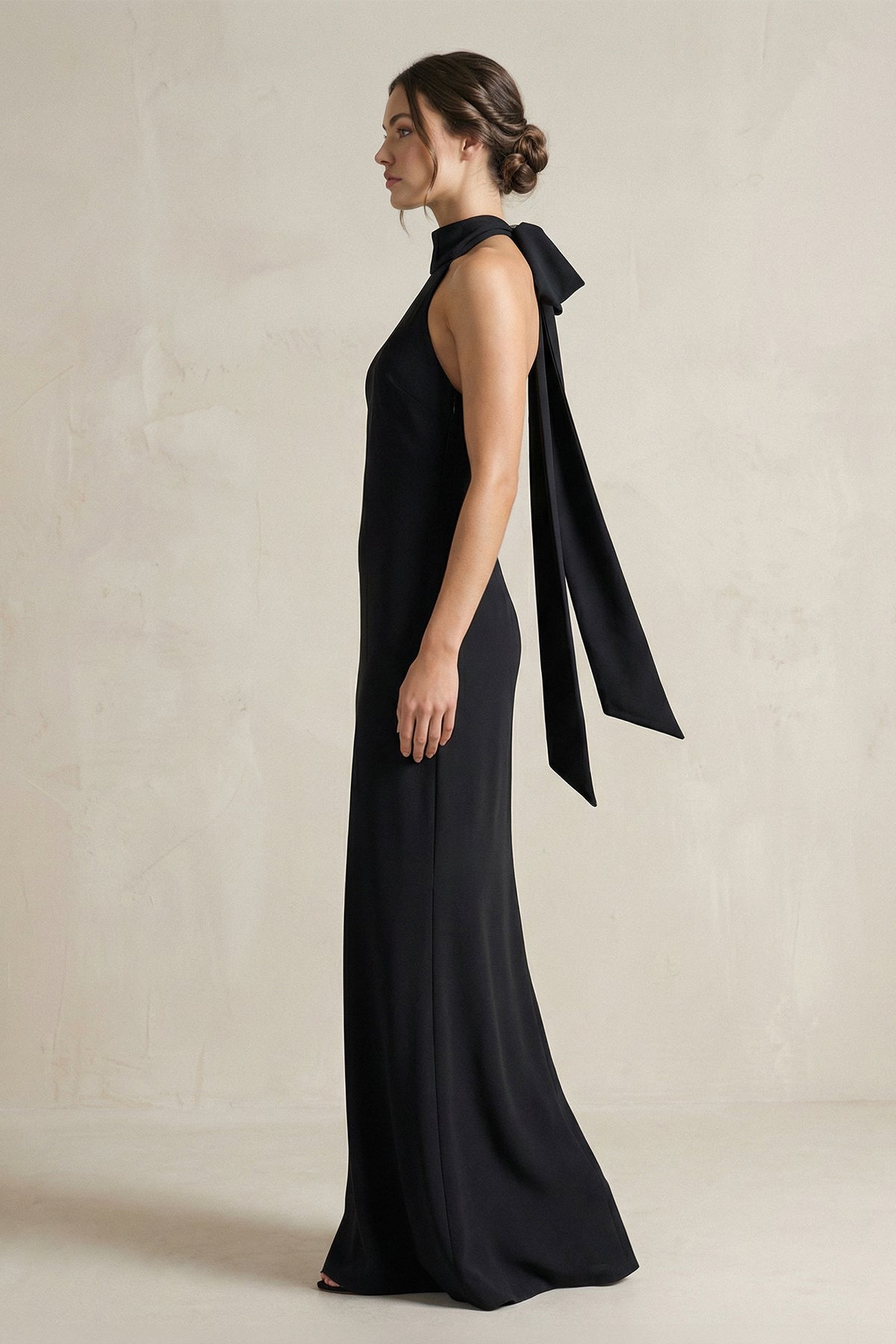 Halter Sheath Satin Bridesmaid Dress With Bow in Black - SHE IS ME Bridesmaid Dresses