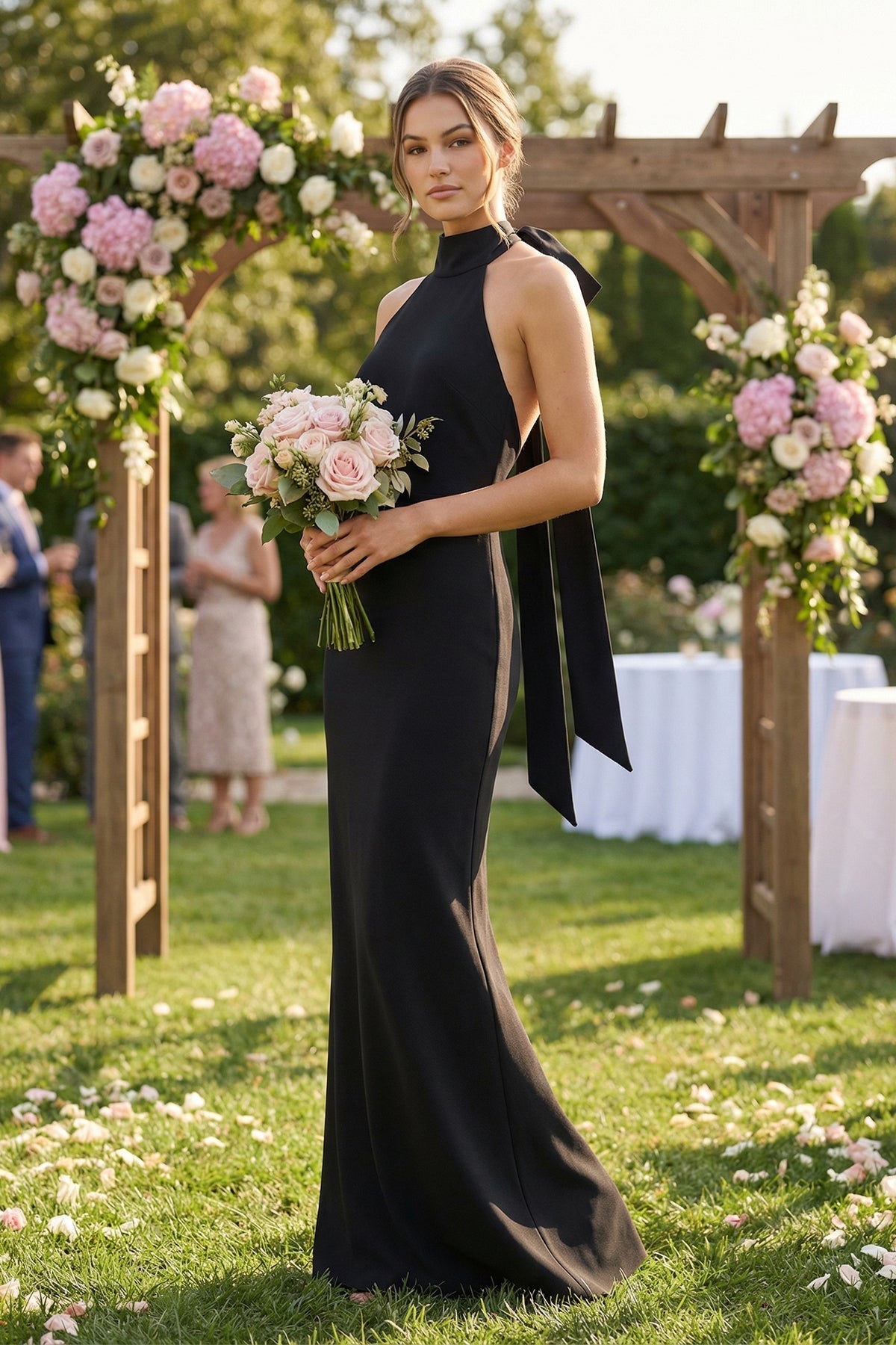 Halter Sheath Satin Bridesmaid Dress With Bow in Black - SHE IS ME Bridesmaid Dresses