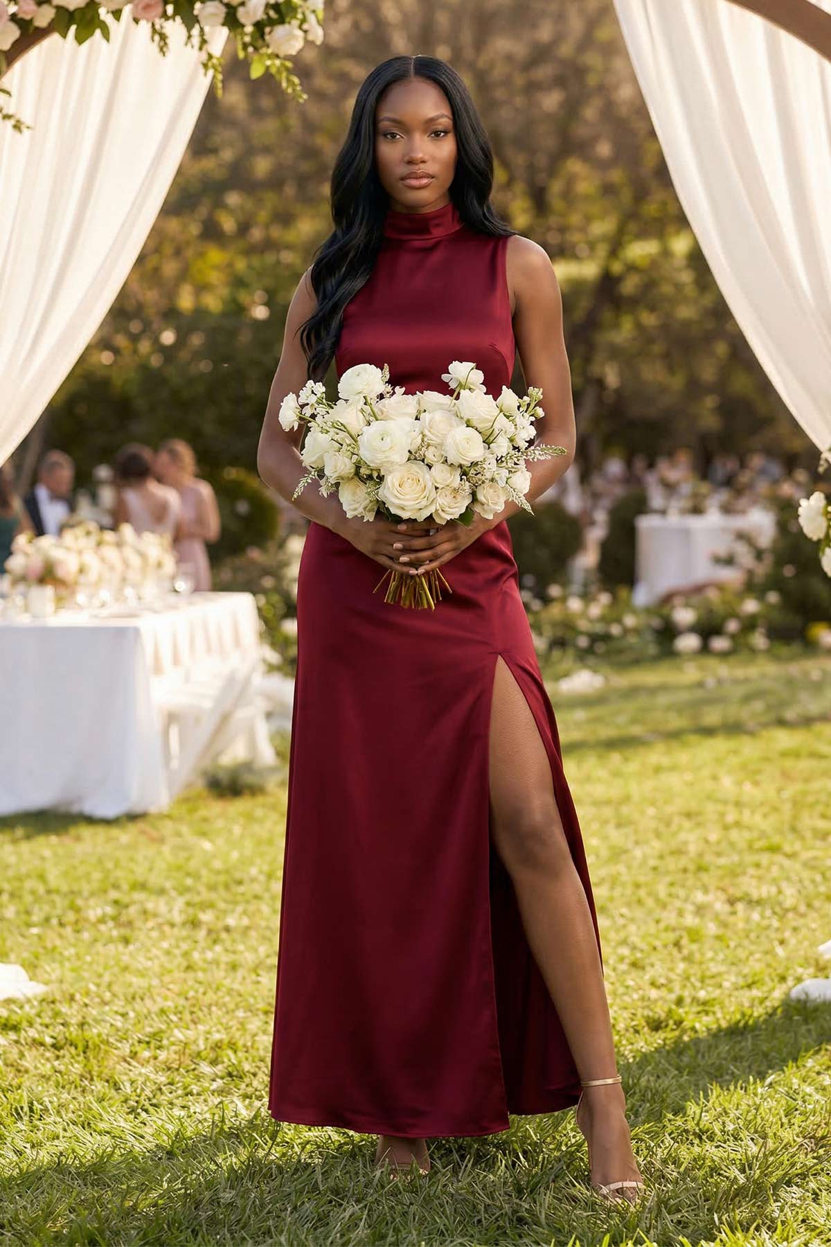 High Neck A - Line Bridesmaid Dress Wiht Slit in Burgundy - SHE IS ME Bridesmaid Dresses