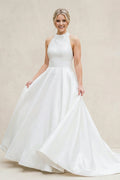 High Neck A - Line Satin Wedding Dress in White - SHE IS ME Wedding Dresses