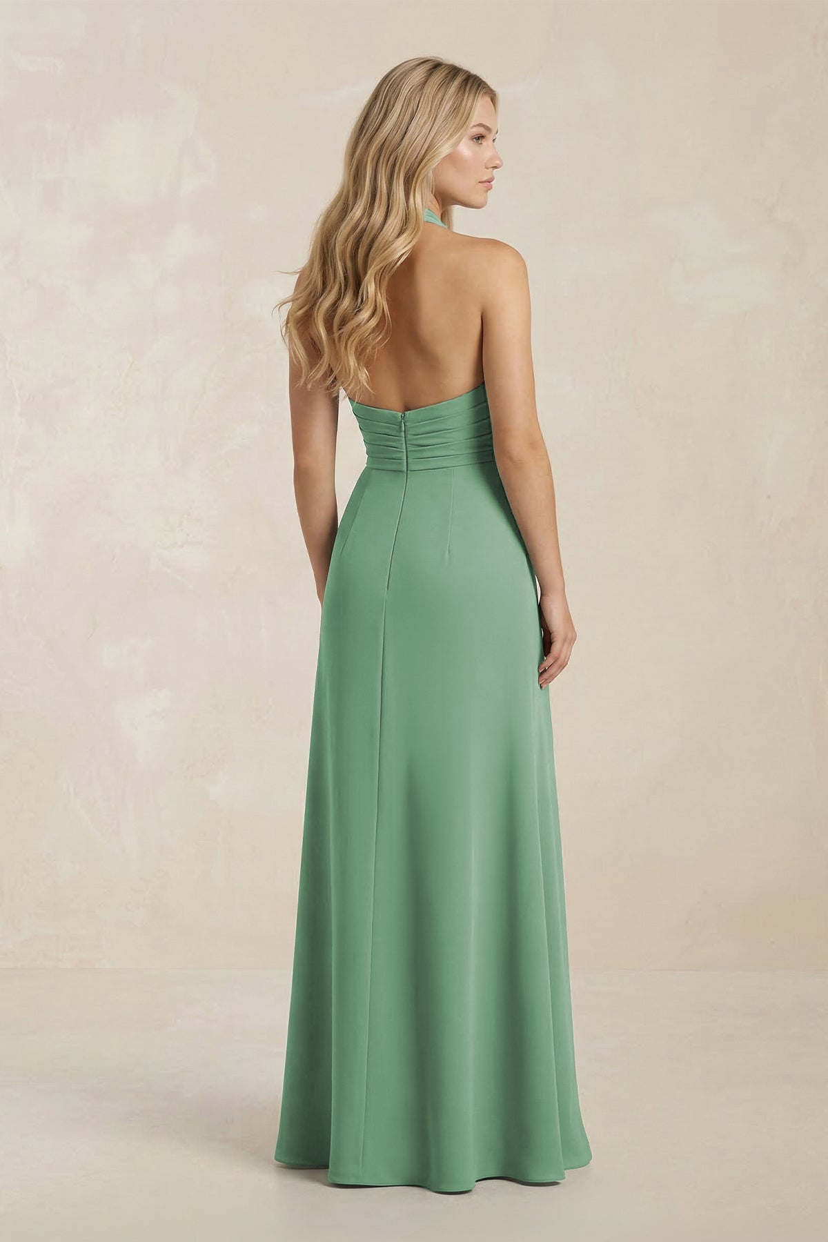 High Neck Chiffon Sheath Ruched Bridesmaid Dress in Sea Glass - SHE IS ME Bridesmaid Dresses