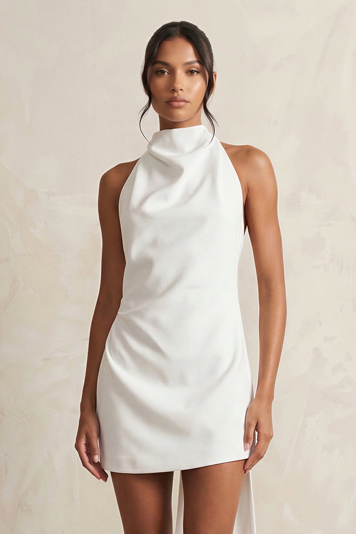 High - Neck Sheath Crepe Mini Wedding Dress in White - SHE IS ME Wedding Dresses