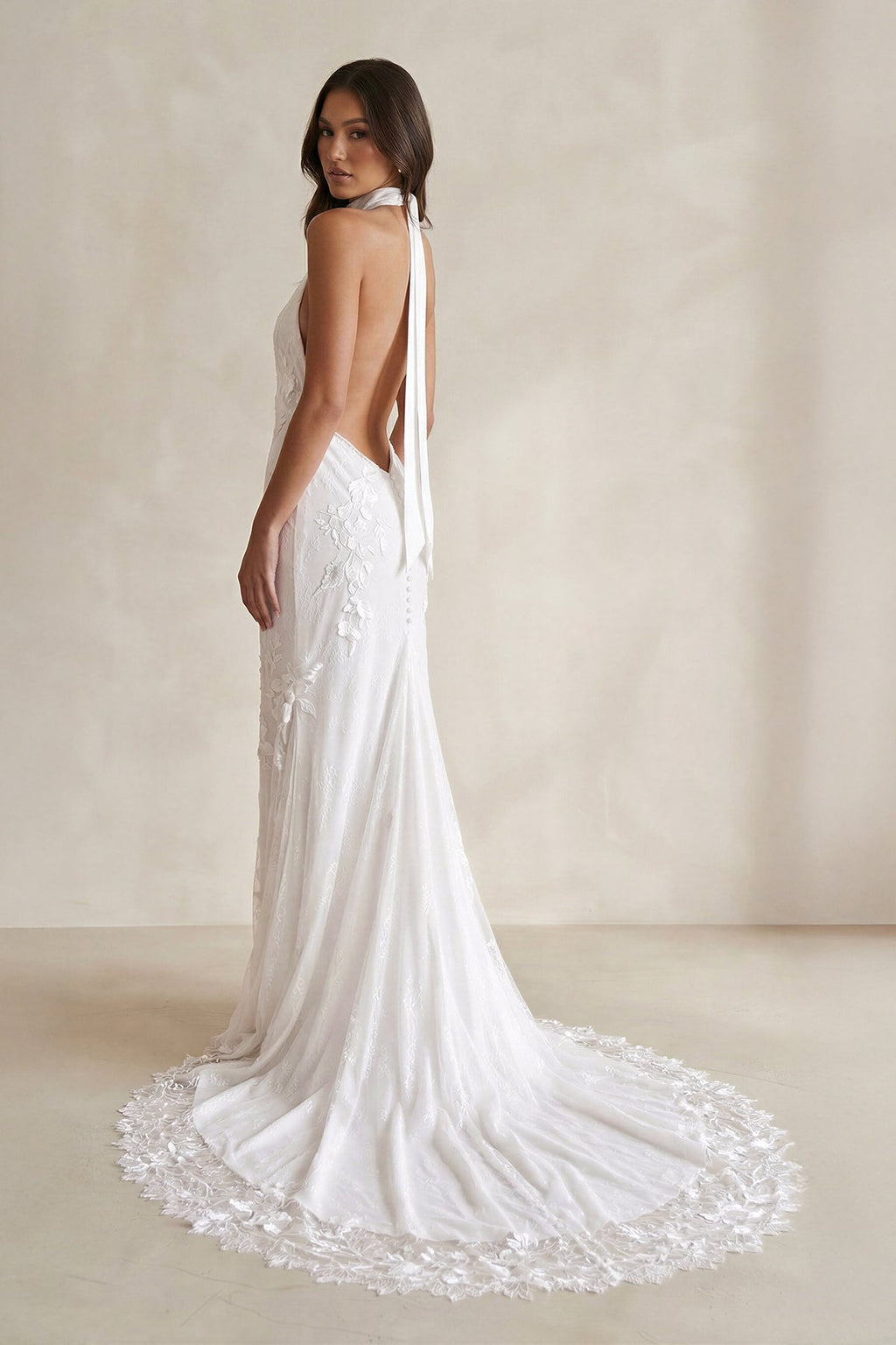 High Neck Sheath Floral Embroidery Wedding Dress in Ivory - SHE IS ME Wedding Dresses