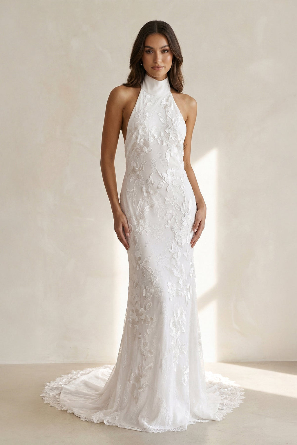 High Neck Sheath Floral Embroidery Wedding Dress in Ivory - SHE IS ME Wedding Dresses