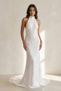High Neck Sheath Floral Embroidery Wedding Dress in Ivory - SHE IS ME Wedding Dresses