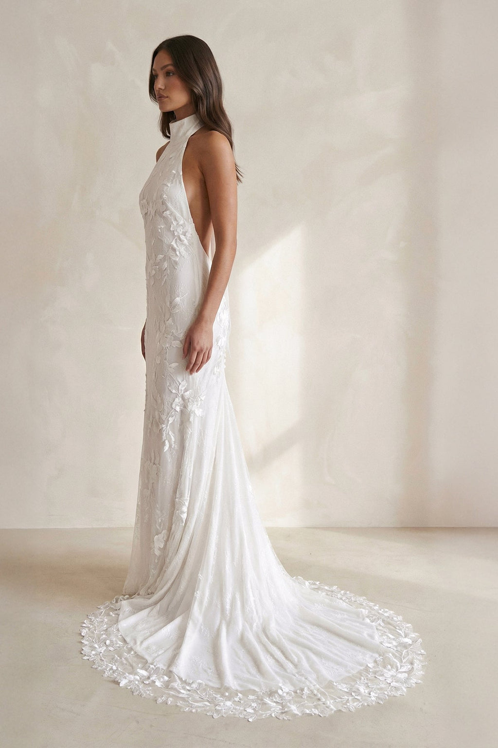High Neck Sheath Floral Embroidery Wedding Dress in Ivory - SHE IS ME Wedding Dresses