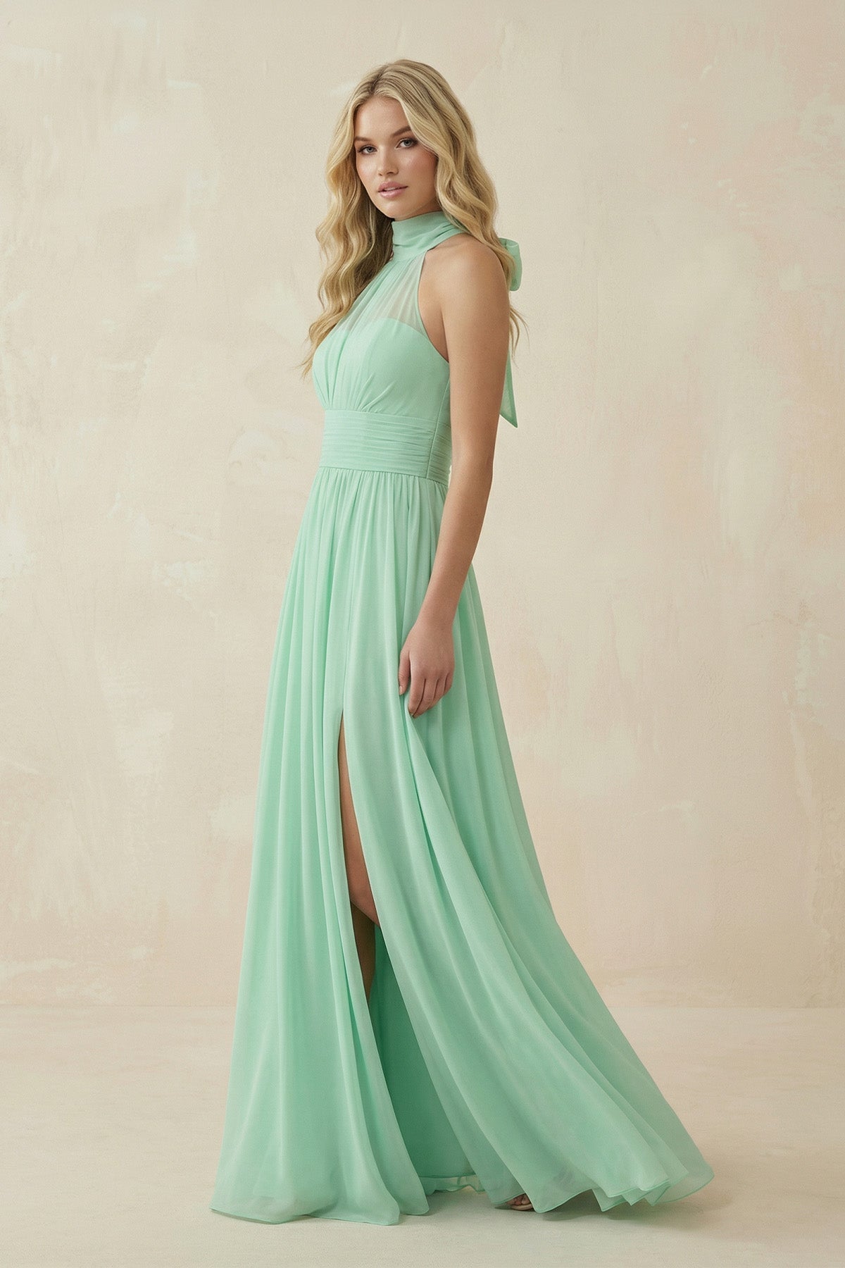 Illusion Halter A - Line Chiffon Bridesmaid Gown - SHE IS ME Bridesmaid Dresses