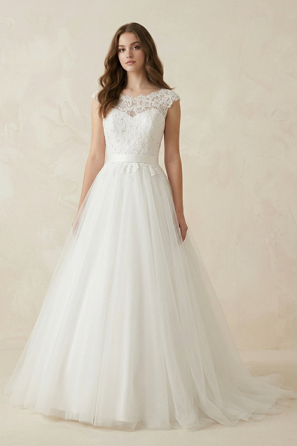 Illusion Neck A - Line Cap Sleeves Tulle Wedding Dress in White - SHE IS ME Wedding Dresses