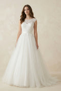 Illusion Neck A - Line Cap Sleeves Tulle Wedding Dress in White - SHE IS ME Wedding Dresses