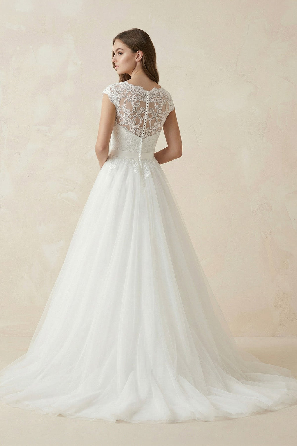 Illusion Neck A - Line Cap Sleeves Tulle Wedding Dress in White - SHE IS ME Wedding Dresses