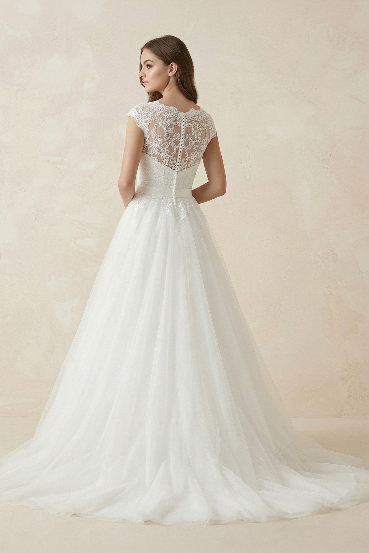 Illusion Neck A - Line Cap Sleeves Tulle Wedding Dress in White - SHE IS ME Wedding Dresses