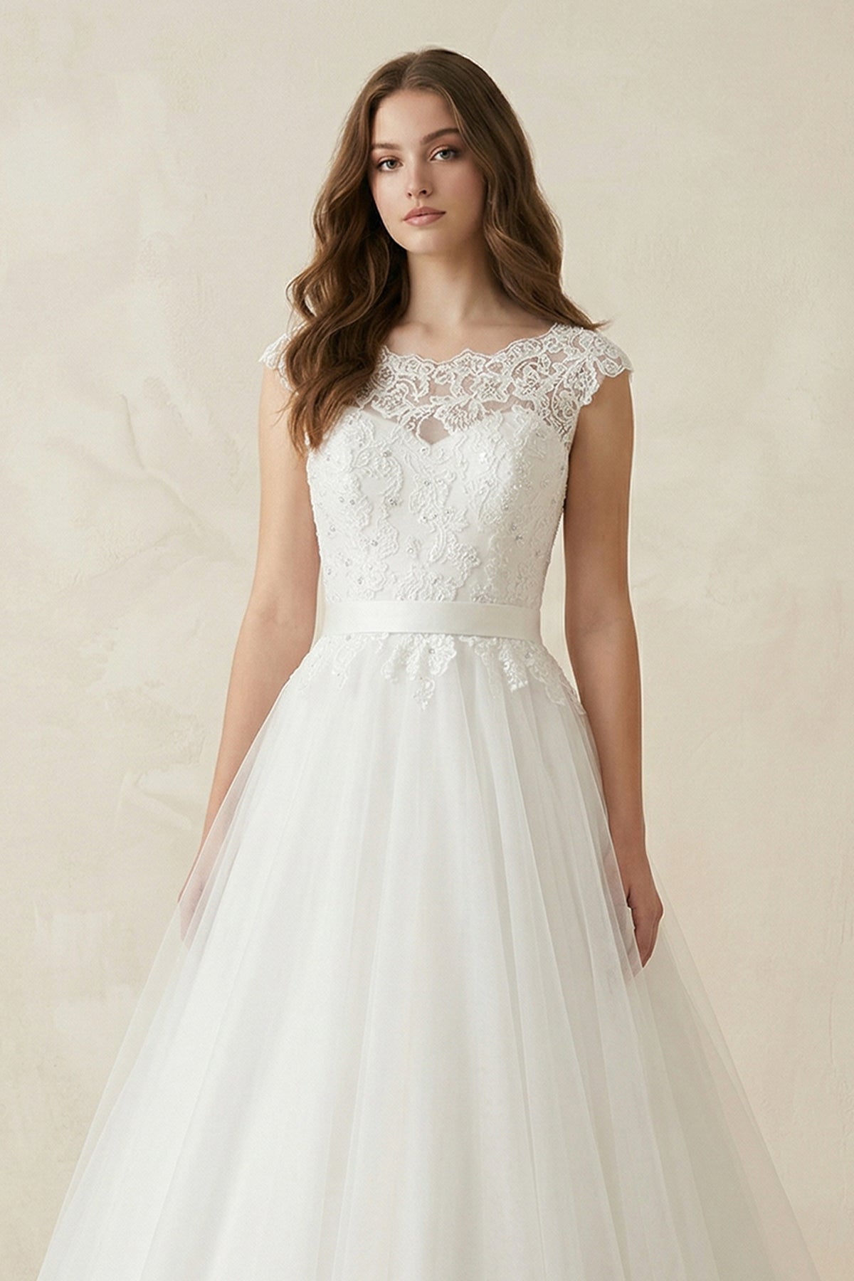 Illusion Neck A - Line Cap Sleeves Tulle Wedding Dress in White - SHE IS ME Wedding Dresses