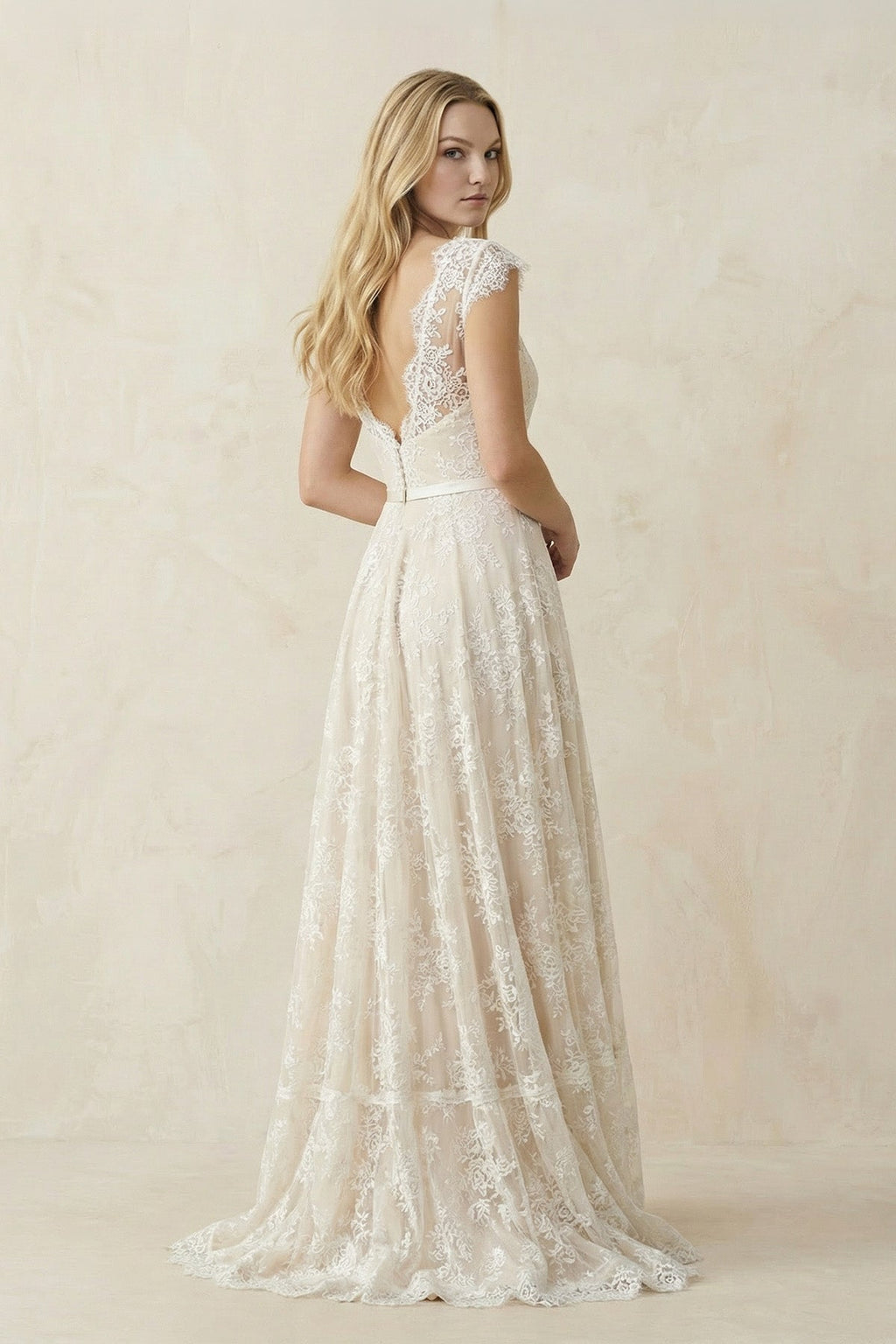 Illusion Neck A - Line Lace Ruched Wedding Dress in Ivory - SHE IS ME Wedding Dresses