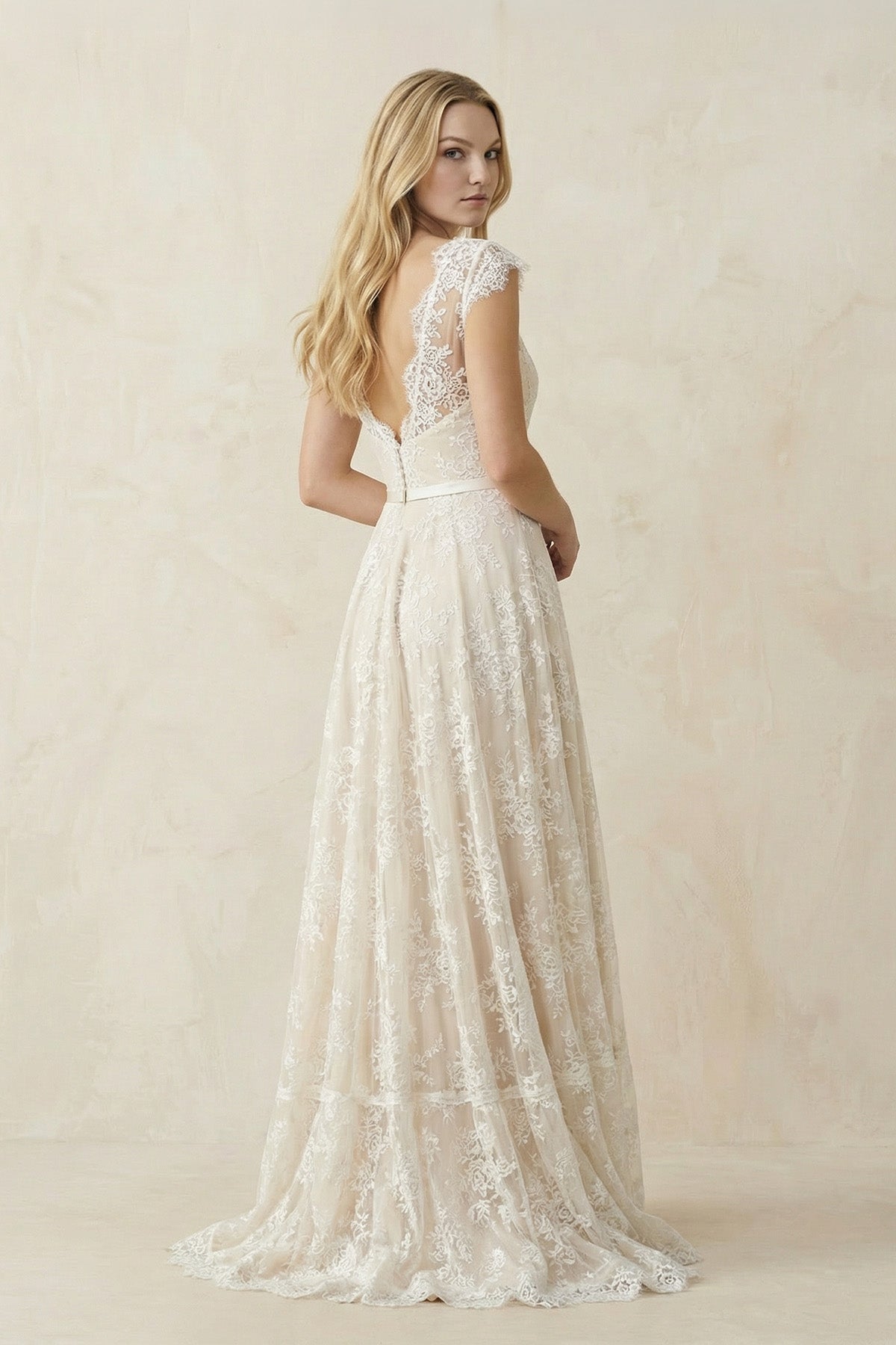 Illusion Neck A - Line Lace Ruched Wedding Dress in Ivory - SHE IS ME Wedding Dresses