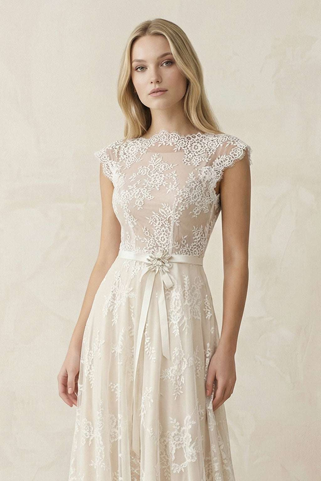 Illusion Neck A - Line Lace Ruched Wedding Dress in Ivory - SHE IS ME Wedding Dresses
