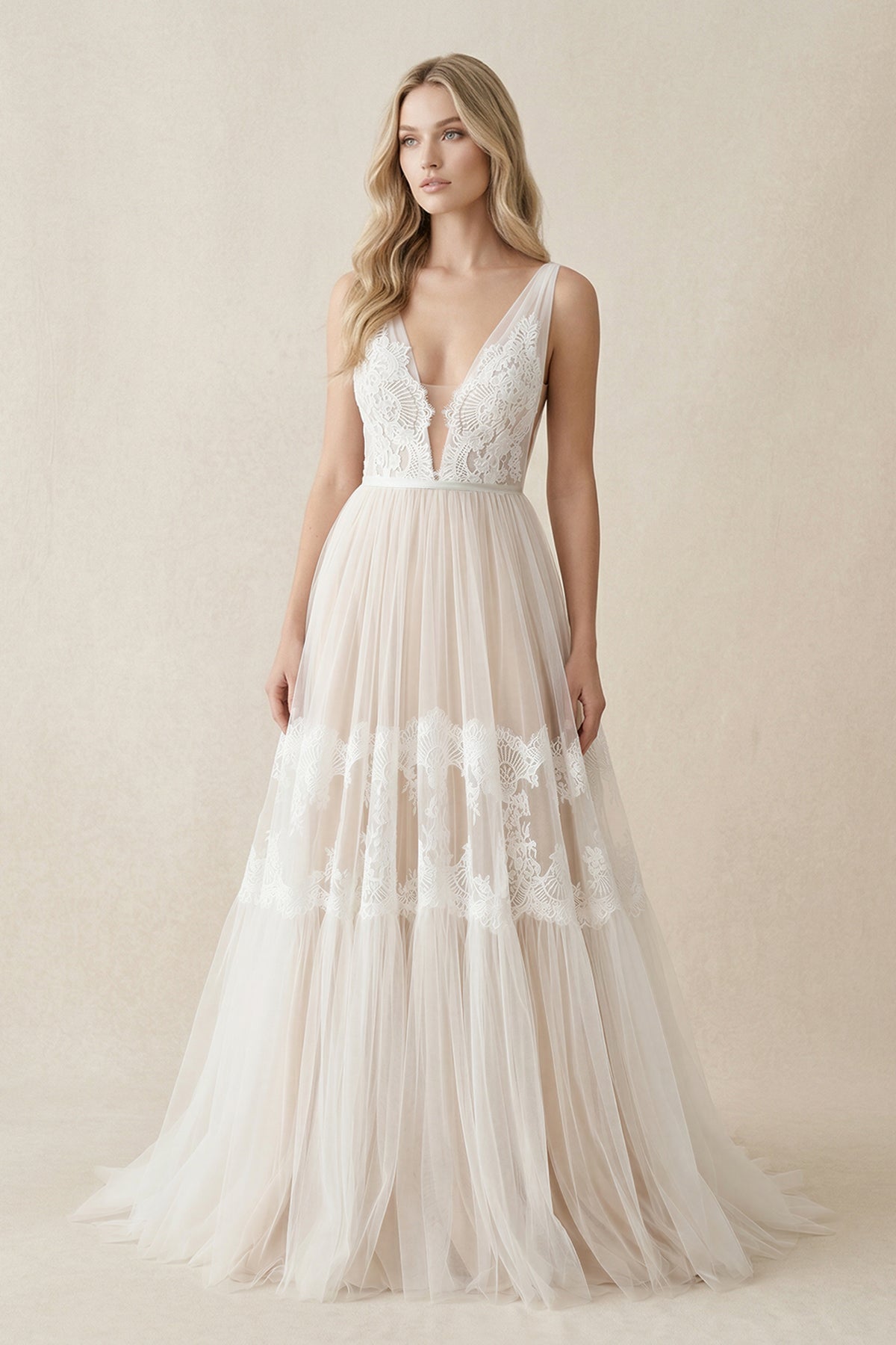 Illusion Neck A - Line Lace Wedding Dress in Ivory - SHE IS ME Wedding Dresses