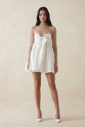 Illusion Neck A - Line Satin Bow Mini Wedding Dress With Pearl in White - SHE IS ME Wedding Dresses