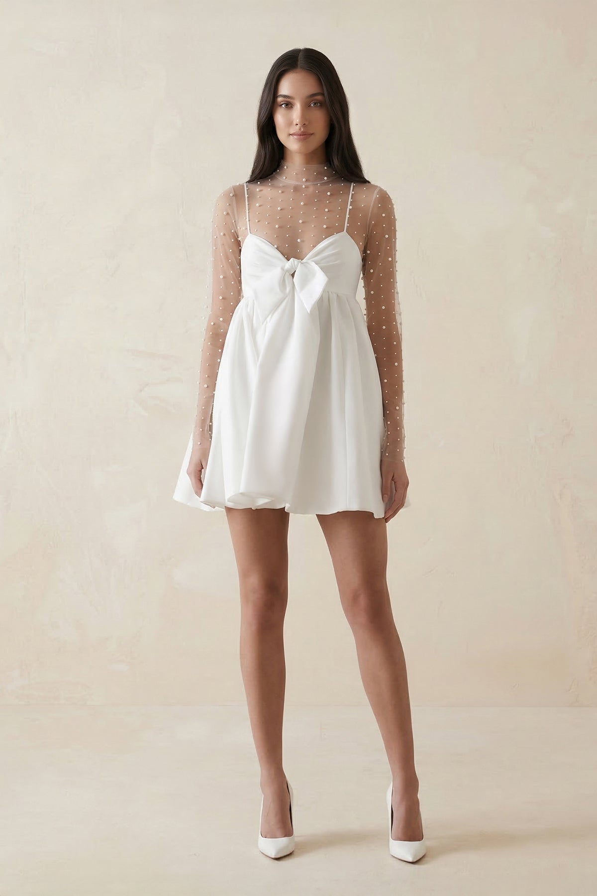 Illusion Neck A - Line Satin Bow Mini Wedding Dress With Pearl in White - SHE IS ME Wedding Dresses