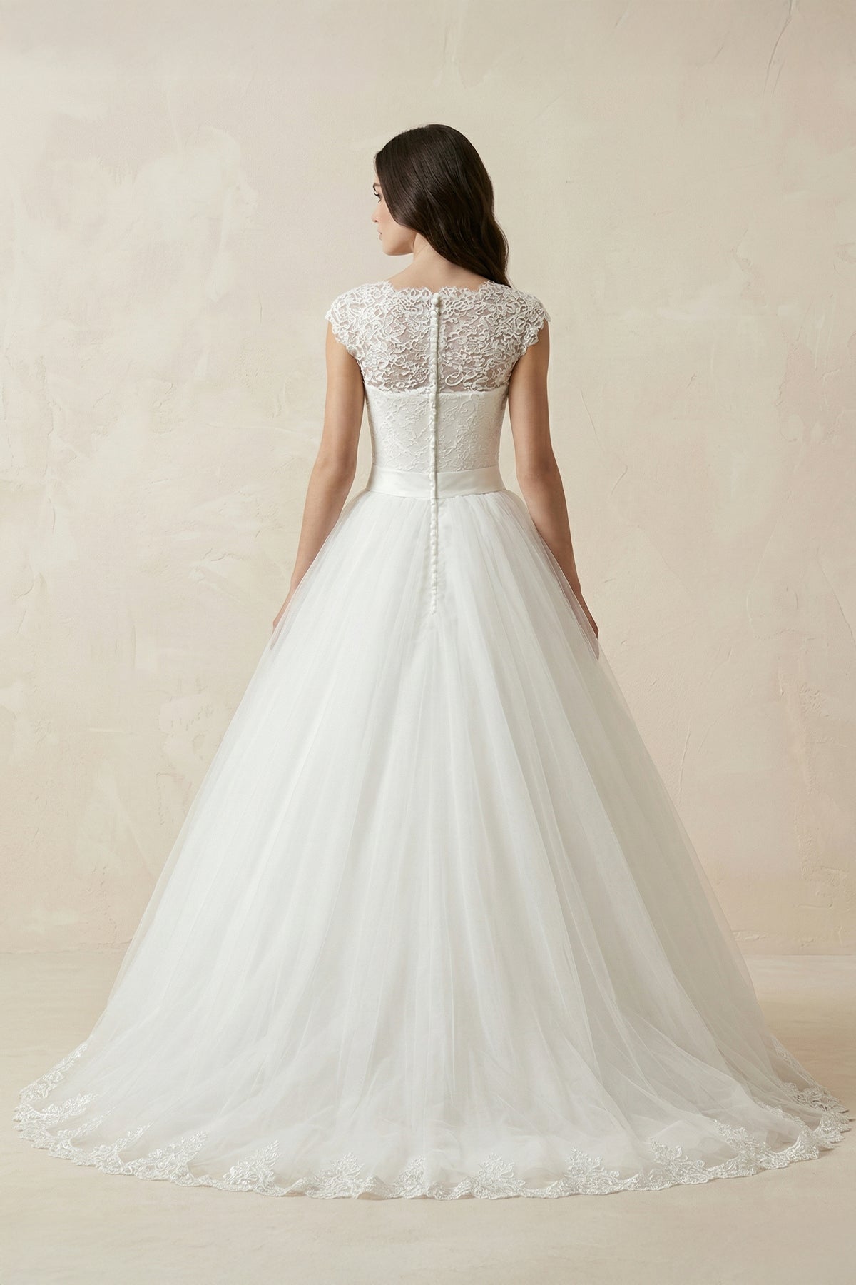Illusion Neck Cap Sleeve A - Line Tulle Wedding Gown in White - SHE IS ME Wedding Dresses
