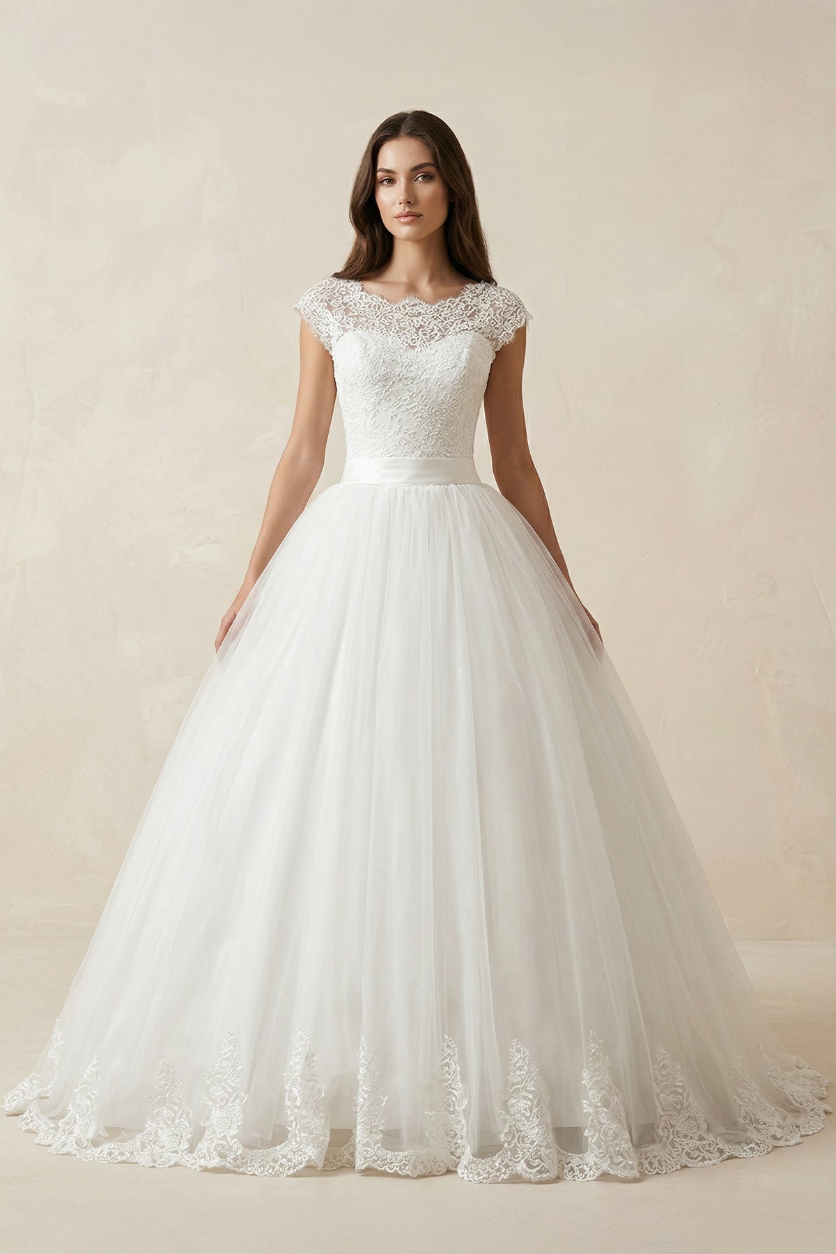 Illusion Neck Cap Sleeve A - Line Tulle Wedding Gown in White - SHE IS ME Wedding Dresses