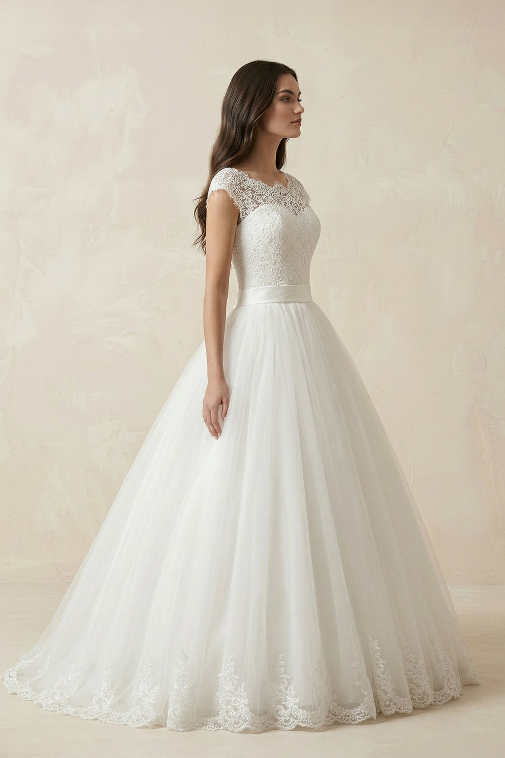 Illusion Neck Cap Sleeve A - Line Tulle Wedding Gown in White - SHE IS ME Wedding Dresses