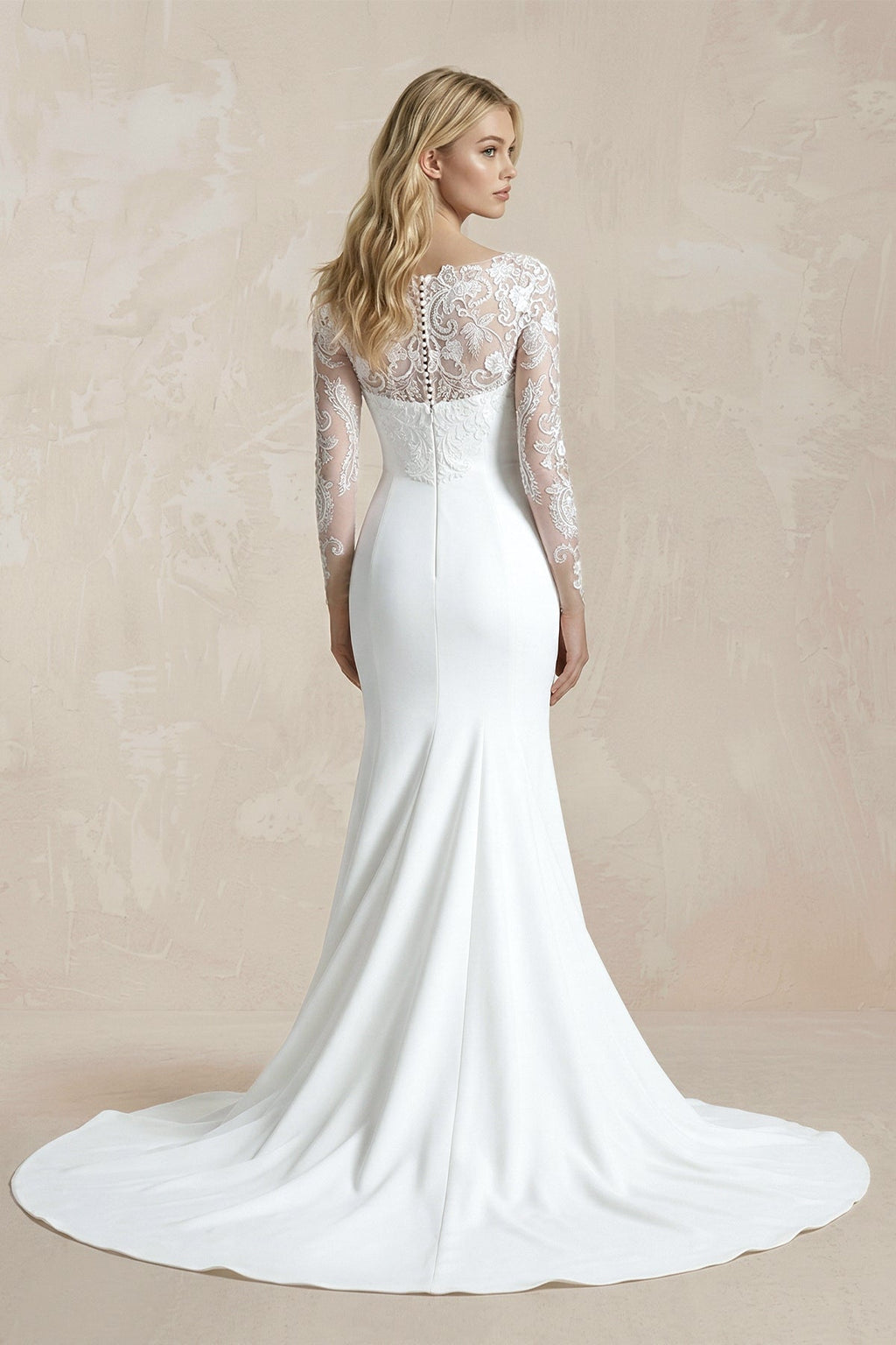 Illusion Neck Mermaid Lace Crepe Long Sleeves Wedding Dress in White - SHE IS ME Wedding Dresses