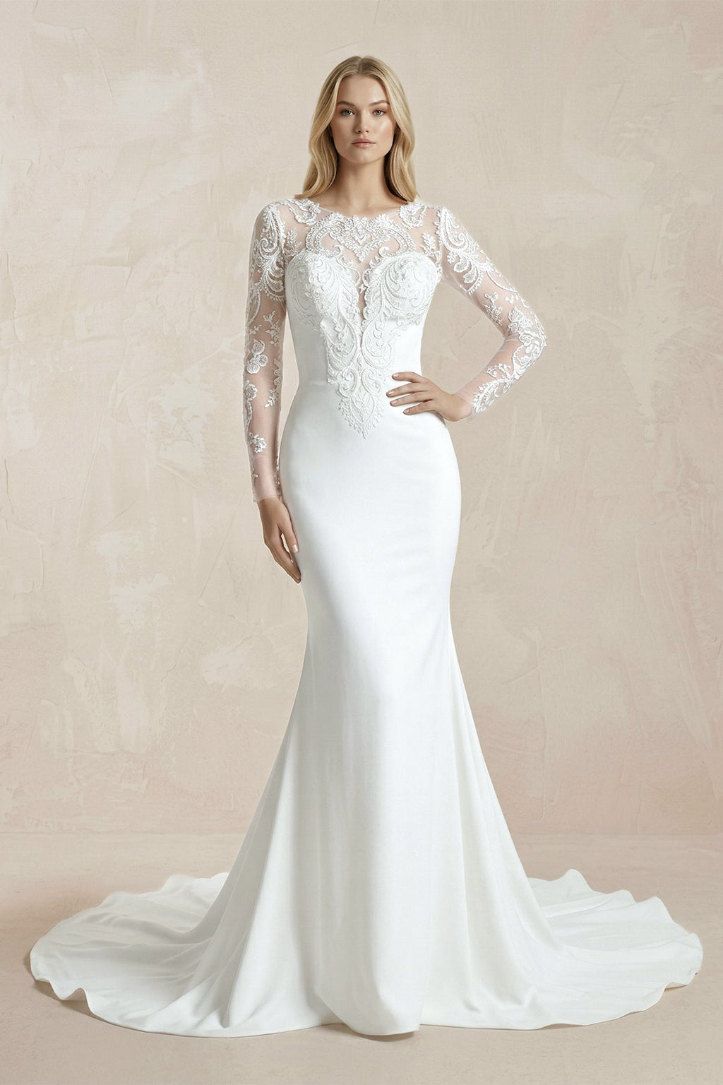 Illusion Neck Mermaid Lace Crepe Long Sleeves Wedding Dress in White - SHE IS ME Wedding Dresses
