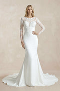 Illusion Neck Mermaid Lace Crepe Long Sleeves Wedding Dress in White - SHE IS ME Wedding Dresses