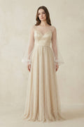Illusion Neck Tulle A - Line Long Sleeve Wedding Dress With Pearl in White - Nude - SHE IS ME Wedding Dresses