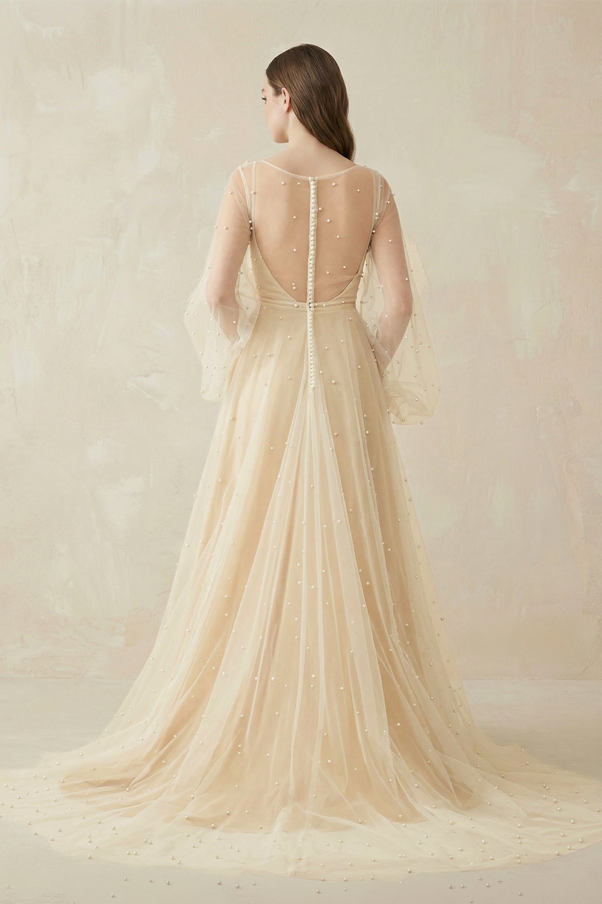 Illusion Neck Tulle A - Line Long Sleeve Wedding Dress With Pearl in White - Nude - SHE IS ME Wedding Dresses