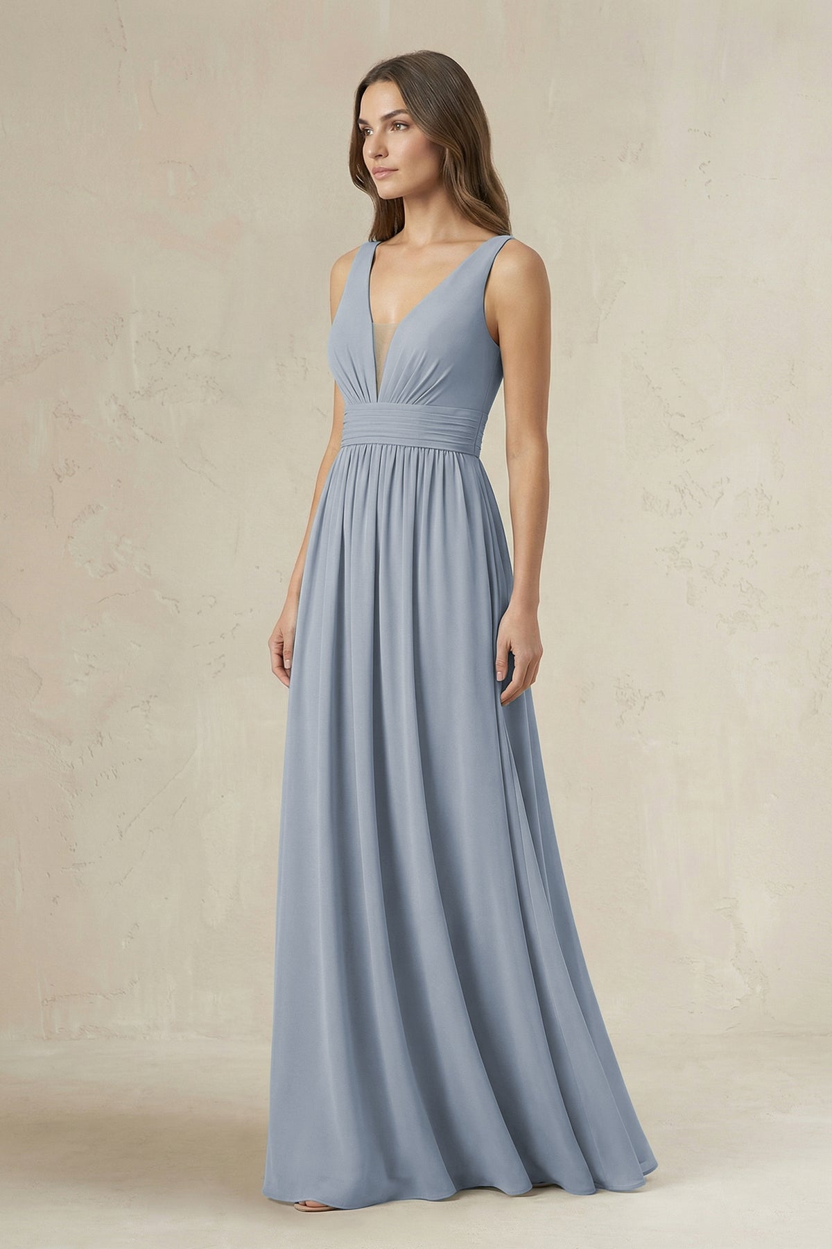 Illusion V - Neck A - Line Ruched Bridesmaid Dress in Twilight - SHE IS ME Bridesmaid Dresses