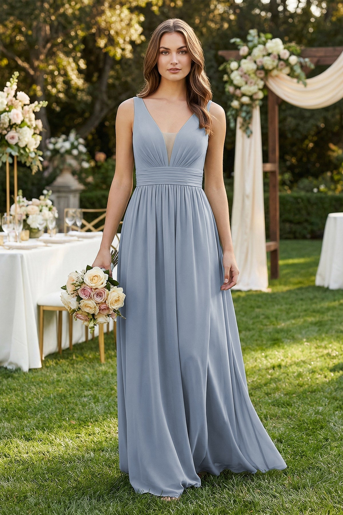 Illusion V - Neck A - Line Ruched Bridesmaid Dress in Twilight - SHE IS ME Bridesmaid Dresses