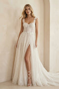 Ivory Glitter Tulle A - Line Wedding Dress with Slit - SHE IS ME Wedding Dresses