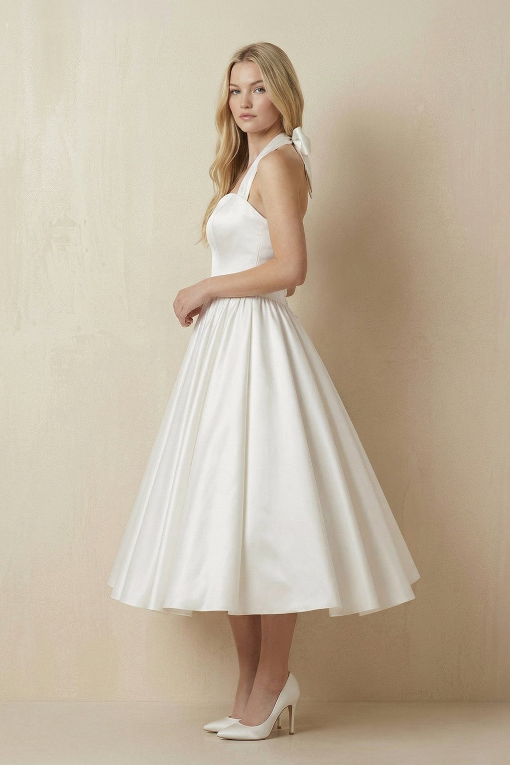 Ivory Halter Satin A - Line Midi Wedding Dress with Bow - SHE IS ME Wedding Dresses