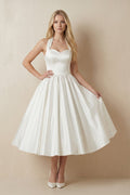Ivory Halter Satin A - Line Midi Wedding Dress with Bow - SHE IS ME Wedding Dresses