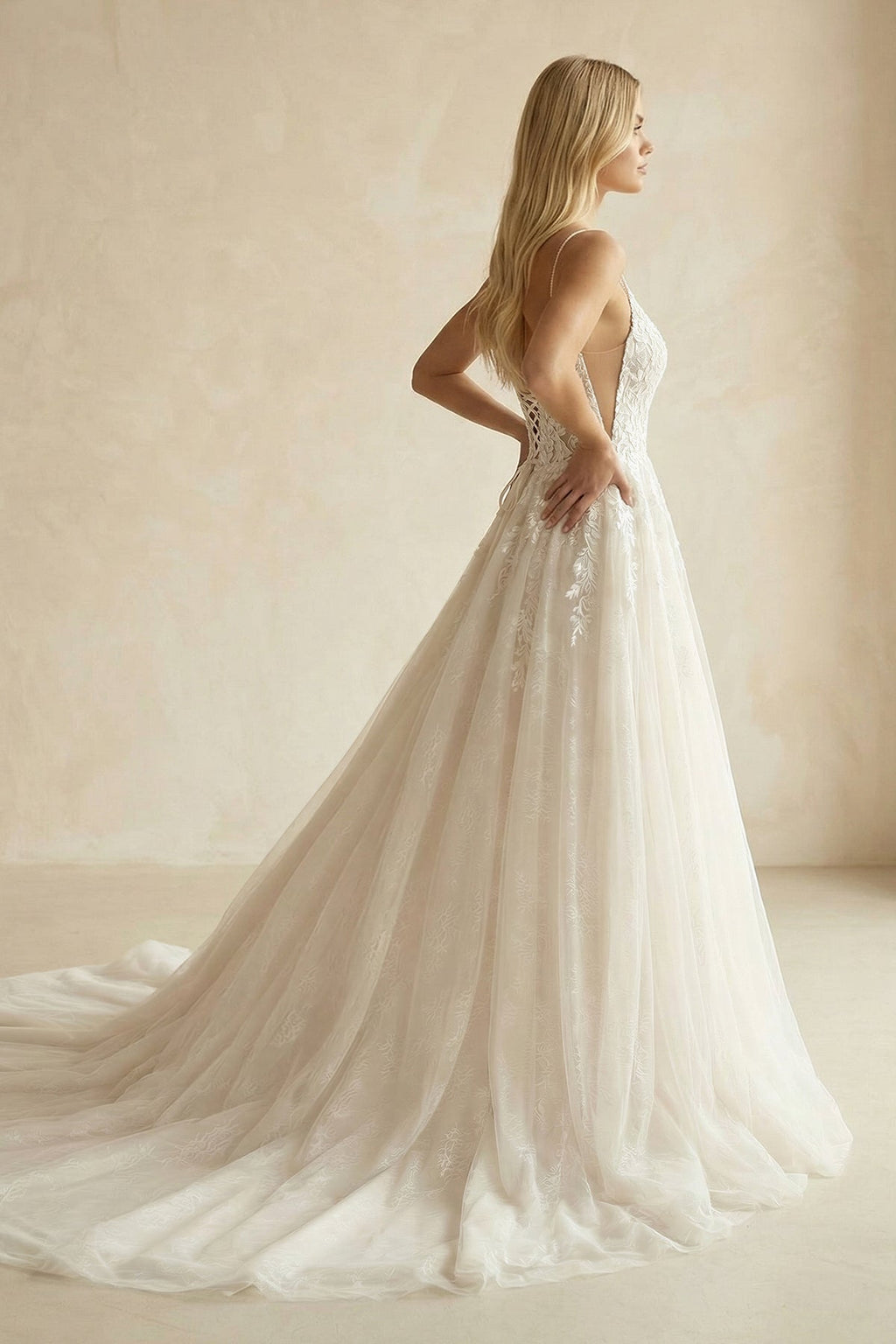 Ivory Lace Corset V - Neck A - Line Wedding Dress - SHE IS ME Wedding Dresses