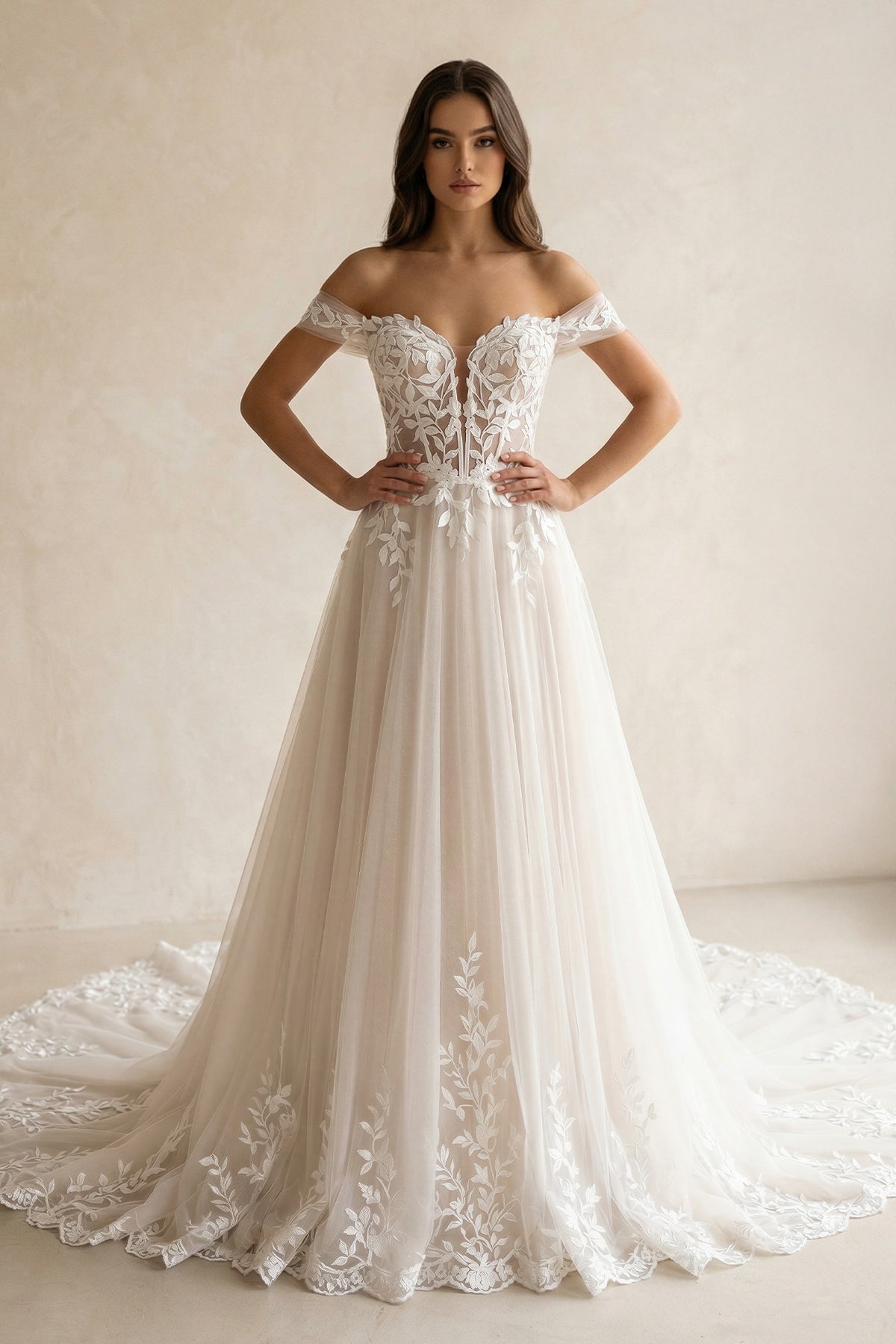 Ivory Off - the - Shoulder Lace A - Line Wedding Dress - SHE IS ME Wedding Dresses