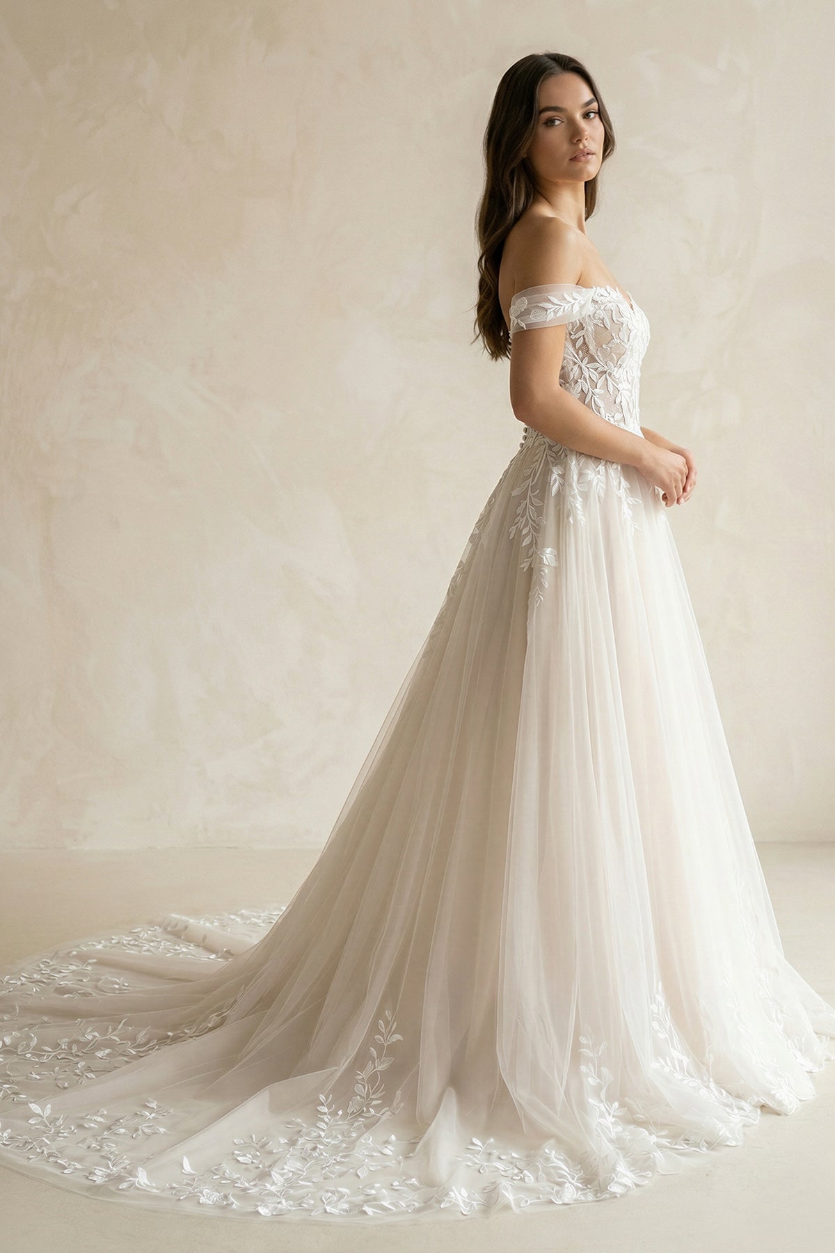 Ivory Off - the - Shoulder Lace A - Line Wedding Dress - SHE IS ME Wedding Dresses