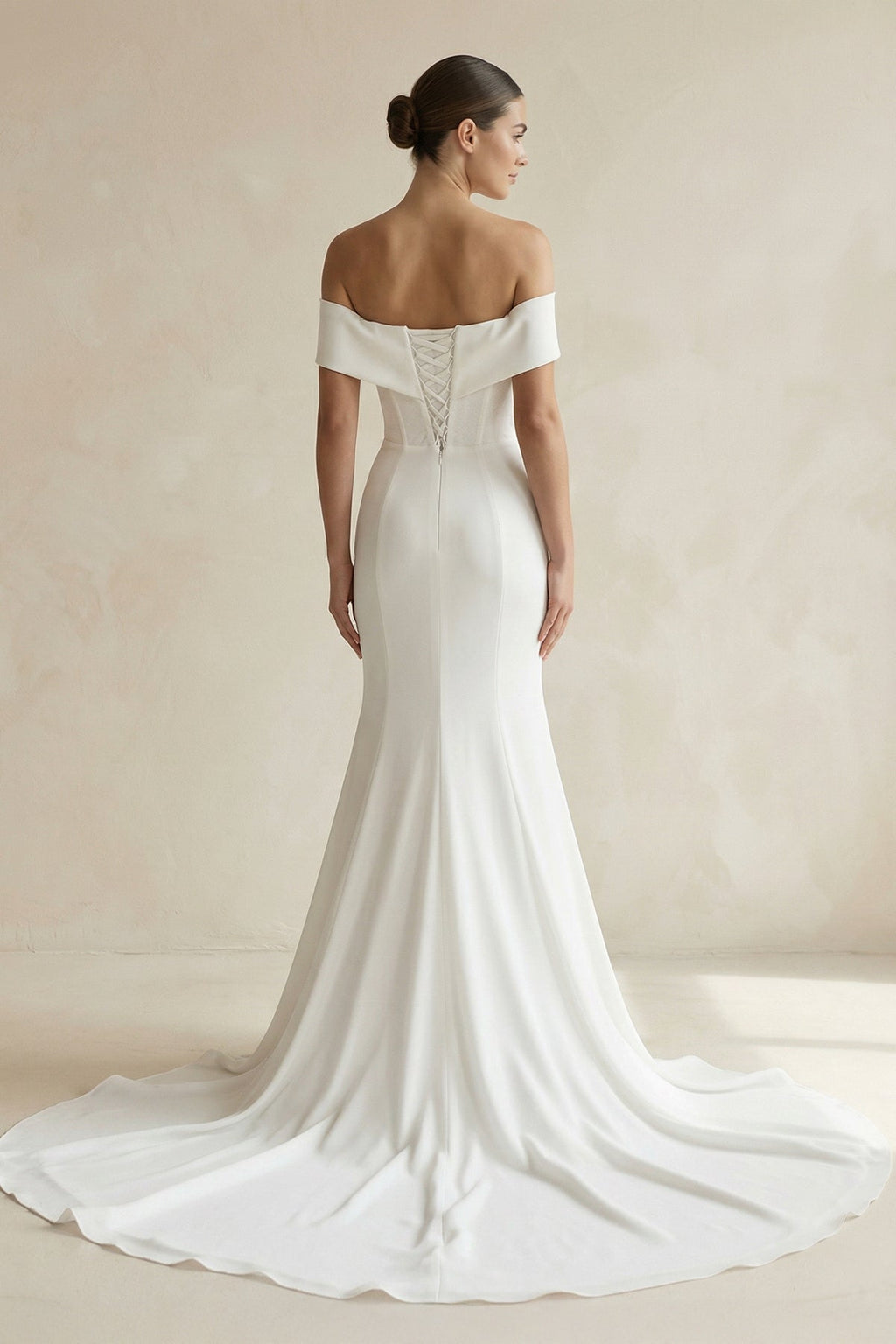 Ivory Off - the - Shoulder Satin Mermaid Wedding Dress - SHE IS ME Wedding Dresses