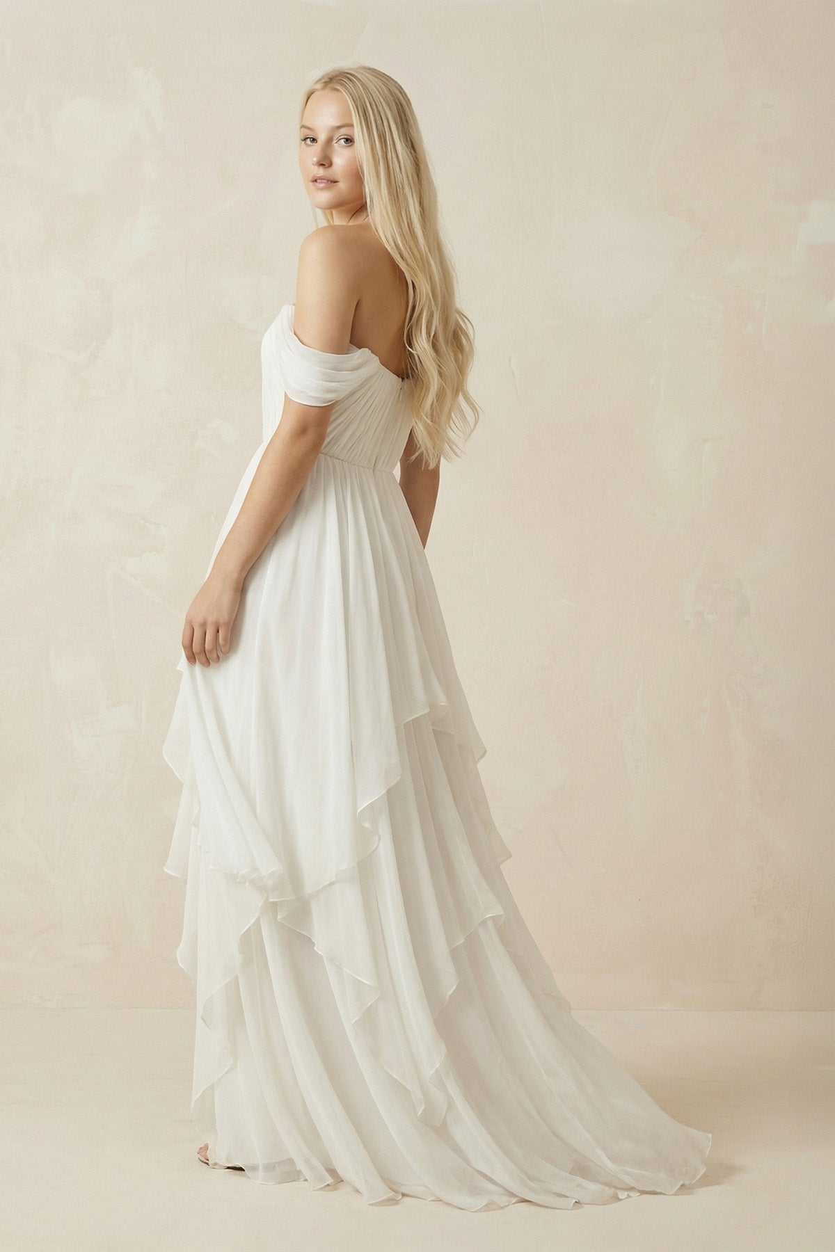 Ivory Off - the - Shoulder Tiered Chiffon A - Line Wedding Dress - SHE IS ME Wedding Dresses