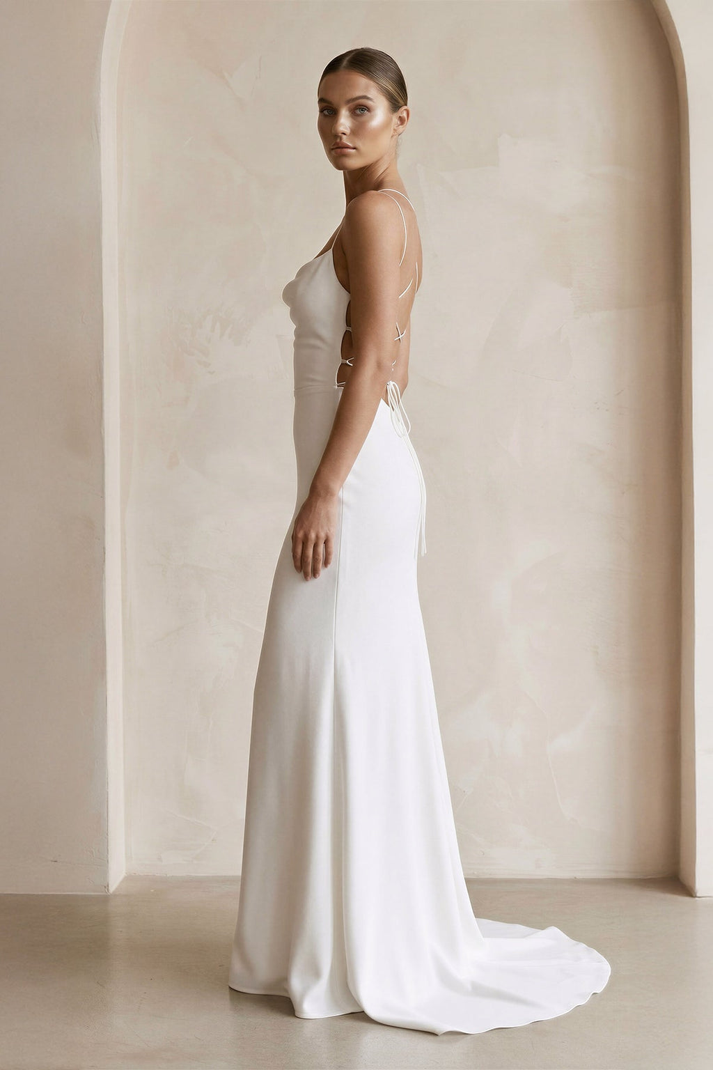 Ivory Satin Mermaid Lace - up Back Wedding Dress in White - SHE IS ME Wedding Dresses